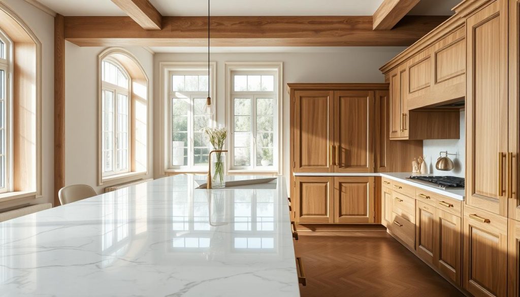 A luxurious kitchen in a French-Italian fusion style, crafted with masterful attention to detail by the renowned Kitchen Prestige brand. The foreground showcases a sleek, minimalist island with a gleaming marble countertop, accented by elegant brass hardware. In the middle ground, custom-made cabinets in a warm, weathered oak finish line the walls, their design a harmonious blend of French savoir-faire and Italian craftsmanship. The background features large windows that flood the space with soft, natural light, creating a serene and inviting ambiance. Subtle brass accents throughout the kitchen complement the overall sophisticated and elegant atmosphere.