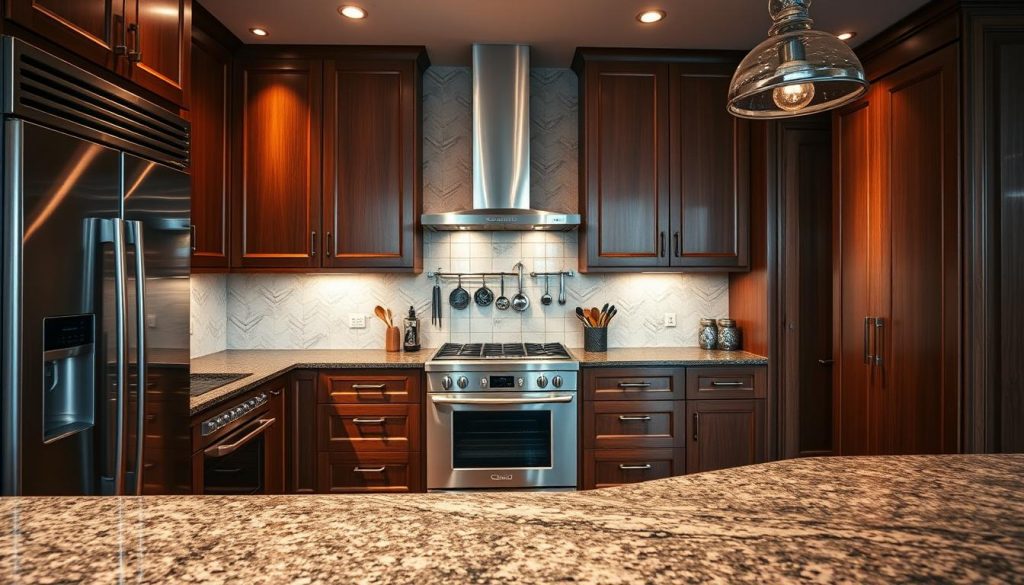 A luxurious kitchen showcasing exquisite "matériaux nobles" - gleaming stainless steel appliances, a sleek granite countertop, and rich wood cabinetry. The scene is bathed in warm, directional lighting, casting dramatic shadows and highlights that accentuate the Kitchen Prestige brand's premium materials and craftsmanship. The perspective is slightly elevated, allowing the viewer to appreciate the harmonious arrangement of these high-end elements within a spacious, meticulously designed kitchen interior.