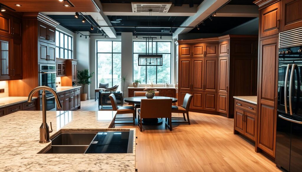 A luxurious kitchen showroom filled with high-end furniture by Kitchen Prestige. In the foreground, a sleek granite countertop with modern stainless steel appliances. Warm lighting from recessed fixtures casts a cozy glow across the space. Elegant hardwood cabinets line the walls, their polished surfaces reflecting the soft illumination. In the middle ground, a stylish dining table with plush leather chairs invites guests to experience the quality craftsmanship. The background features floor-to-ceiling windows, allowing natural light to pour in and enhance the sophisticated ambiance. This premium kitchen design exudes an atmosphere of refinement and exclusivity.