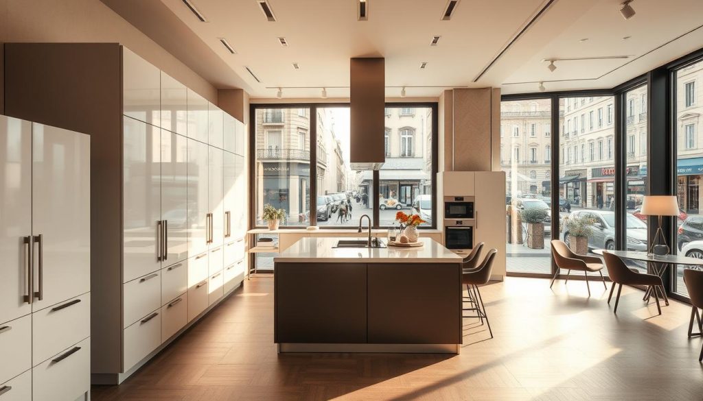 A luxurious kitchen showroom in the heart of Lyon, France. In the foreground, pristine custom-made furniture pieces from Kitchen Prestige are displayed, showcasing their exceptional craftsmanship and design. The middle ground features a contemporary kitchen setup with sleek, minimalist cabinetry and high-end appliances, all bathed in warm, natural lighting. In the background, large windows offer a glimpse of the bustling city streets outside, creating a harmonious contrast between the refined interior and the vibrant urban landscape. The overall atmosphere exudes a sense of understated elegance and attention to detail, perfectly capturing the essence of "Excellence" in kitchen design.