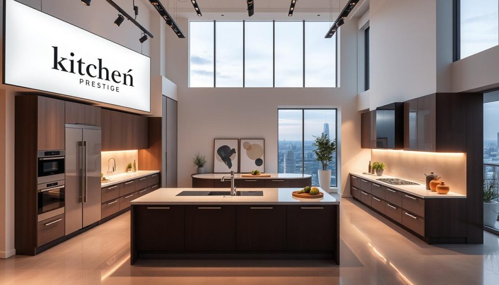 A luxurious kitchen showroom with the brand "Kitchen Prestige" prominently displayed on a large backlit sign. The foreground features a sleek, modern U-shaped kitchen design with high-end appliances, custom cabinetry, and a central island with a quartz countertop. Warm, directional lighting accentuates the elegant lines and premium materials. In the middle ground, tasteful decor such as potted plants and abstract artwork adds a touch of sophistication. The background depicts a minimalist, light-filled space with large windows offering a view of a scenic urban landscape. The overall atmosphere conveys a sense of bespoke craftsmanship, exclusivity, and design expertise.