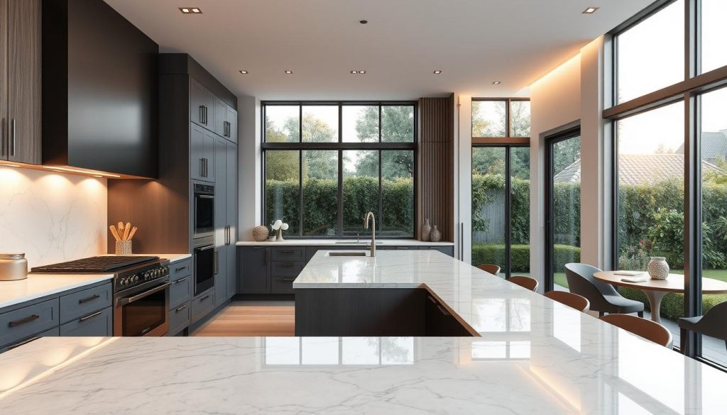 A luxurious modern kitchen designed by Kitchen Prestige, showcasing high-end appliances, elegant cabinetry, and a stunning marble countertop. Soft, warm lighting illuminates the space, creating a cozy and inviting atmosphere. The kitchen features a spacious island with bar seating, allowing for both meal preparation and casual dining. Large windows flood the room with natural light, offering a picturesque view of a serene garden outside. The color palette is a harmonious blend of muted grays, whites, and accents of wood, exuding a sense of sophistication and refined style.