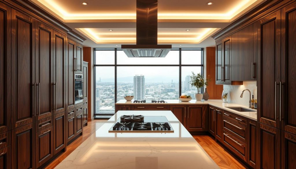 A luxurious modern kitchen interior, showcasing a bespoke Kitchen Prestige design. The foreground features intricate wood cabinetry with sleek chrome handles, complemented by a large central island with a white marble countertop. In the middle ground, a fully-equipped cooking space with high-end appliances, including a gas stove and a professional-grade extractor hood. The background depicts a panoramic view through large windows, revealing a scenic urban landscape. Warm, indirect lighting creates a cozy atmosphere, while careful camera angles emphasize the kitchen's elegant proportions and attention to detail.