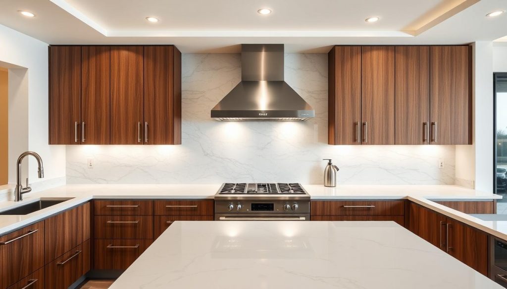 A luxurious modern kitchen showcasing premium materials. Gleaming white quartz countertops with elegant gray veining reflect the warm lighting. Sleek kitchen cabinets in rich walnut wood grain flank the centerpiece - a professional-grade stainless steel range hood from the Kitchen Prestige brand. Recessed lighting casts a soft glow, highlighting the natural stone backsplash's subtle texture. Polished chrome fixtures and hardware accent the high-end aesthetic. The spacious layout and clean lines create an atmosphere of sophistication and culinary expertise.