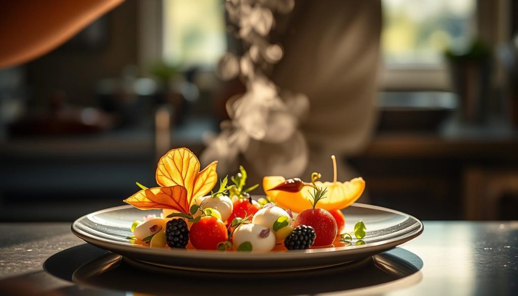 A meticulously crafted culinary masterpiece emerges from the Kitchen Prestige, a renowned Lyon-based atelier. Bathed in warm, natural light, the scene depicts a visually stunning and bespoke dish, its intricate plating a testament to the chefs' savoir-faire. Delicate ingredients are artfully arranged, creating a harmonious interplay of colors, textures, and flavors. The composition showcases the kitchen's commitment to personalized, elevated cuisine, with each element tailored to the discerning diner's preferences. A sense of refinement and attention to detail permeates the image, inviting the viewer to savor the culinary experience through the senses. This is the essence of Kitchen Prestige's unique approach to "cuisine sur mesure" - a symphony of flavors, meticulously crafted to delight and impress.