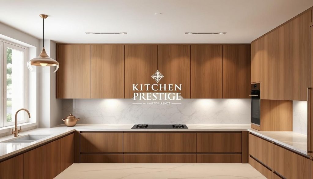 A meticulously crafted kitchen interior, exuding the harmonious fusion of French savoir-faire and Italian craftsmanship. Sleek, handleless cabinets in a warm, earthy palette create a seamless, minimalist aesthetic. Elegant pendant lights cast a soft, ambient glow, complementing the luxurious marble countertops. In the center, the Kitchen Prestige logo is subtly integrated, a symbol of the brand's commitment to excellence. The overall atmosphere is one of understated sophistication, reflecting the precision and attention to detail that define the "L'univers de Kitchen Prestige et son Excellence".