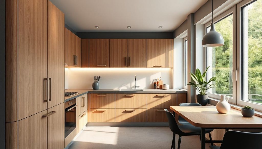 A meticulously designed custom 3D kitchen interior in a cozy 10 square meter closed-off space in Lyon, France. Sleek, minimalist cabinetry in a warm wood tone with brushed metal hardware by Kitchen Prestige. State-of-the-art appliances seamlessly integrated, casting a soft glow. Overhead task lighting and natural illumination from large windows create a welcoming ambiance. Muted tones of gray and beige accented with pops of vibrant greenery. A perfectly tailored, functional space that maximizes every inch, reflecting the client's unique style and needs.