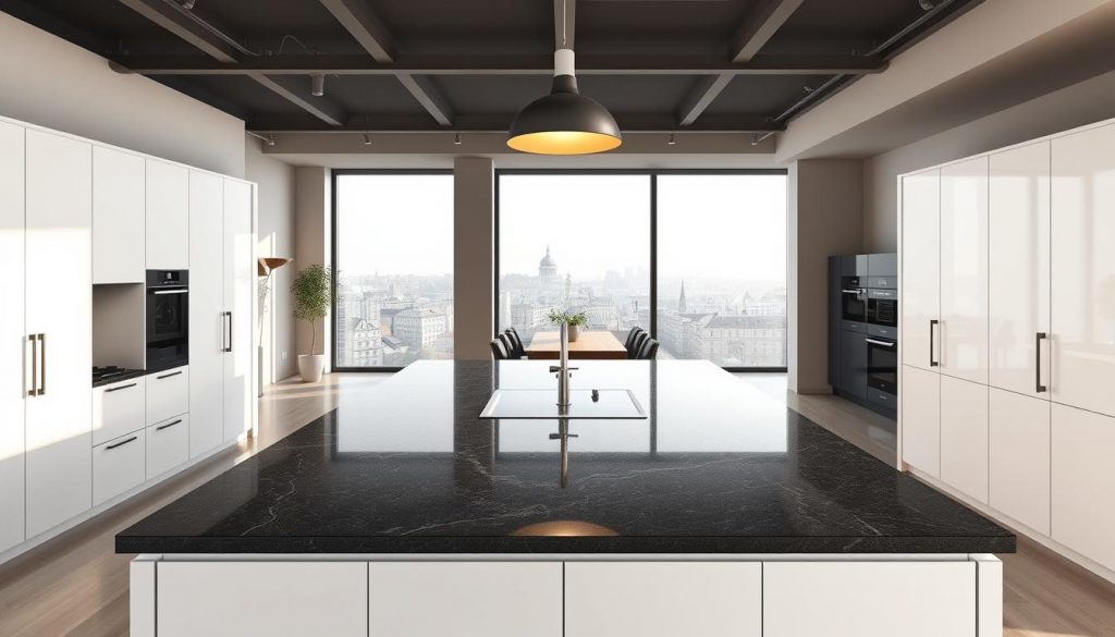 A modern and sleek 3D model of a kitchen showroom in Lyon, France. In the foreground, a large central island with a glossy dark granite countertop and minimalist white cabinetry by Kitchen Prestige. Overhead, a contemporary pendant light fixture casts a warm glow. In the middle ground, the kitchen opens up to a dining area with a wood table and chairs. The background features floor-to-ceiling windows overlooking the cityscape of Lyon, bathed in soft natural light. The overall atmosphere is one of sophistication, functionality, and Gallic style.