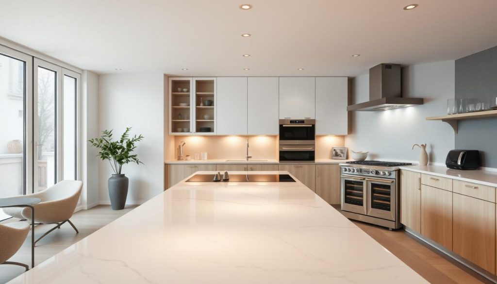 A modern, chic kitchen interior in Lyon, France, captured with a high-quality lens. In the foreground, a sleek, minimalist Kitchen Prestige island with a marble countertop dominates the space. Warm, indirect lighting from recessed fixtures and large windows illuminate the scene, casting a soft, inviting glow. The middle ground features modern, high-end appliances, including a glass-fronted wine cooler and a professional-grade range. The background showcases a clean, neutral color palette, with white walls, light wood cabinetry, and a subtle accent wall in a muted gray. The overall atmosphere is one of sophisticated, contemporary design that exudes a sense of Lyonnaise elegance.