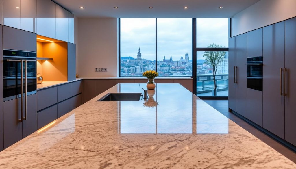 A modern, custom-designed kitchen in Lyon, France, showcasing the exquisite craftsmanship of Kitchen Prestige. The sleek, minimalist island dominates the foreground, its gleaming granite countertop illuminated by warm, ambient lighting. In the middle ground, high-end appliances are seamlessly integrated into the clean, linear cabinetry, while large windows offer a scenic view of the city skyline in the background. The overall aesthetic is one of sophisticated elegance, perfectly capturing the essence of Kitchen Prestige's bespoke kitchen design.