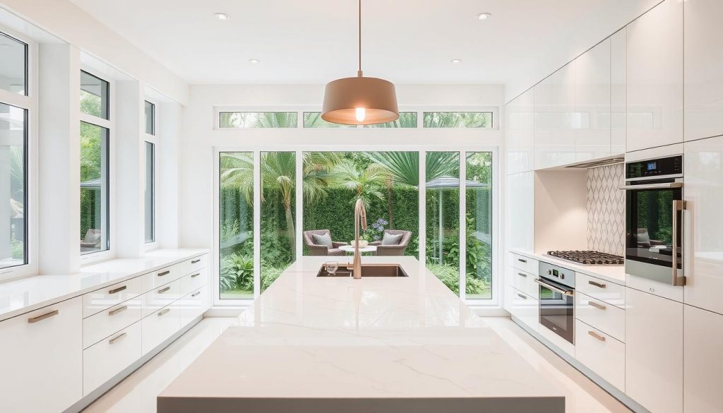 A modern, high-end kitchen design featuring sleek lines, premium materials, and personalized elements. A spacious, well-lit kitchen with floor-to-ceiling windows overlooking a lush garden. Glossy white cabinets and countertops in a minimalist, handleless style. Integrated appliances from the "Kitchen Prestige" brand seamlessly blended into the design. A statement-making pendant light fixture casts a warm glow over the central island, where custom-cut marble adds a touch of luxury. Geometric tile patterns on the backsplash, complemented by brushed metal hardware. The overall atmosphere is one of sophistication, functionality, and attention to detail.