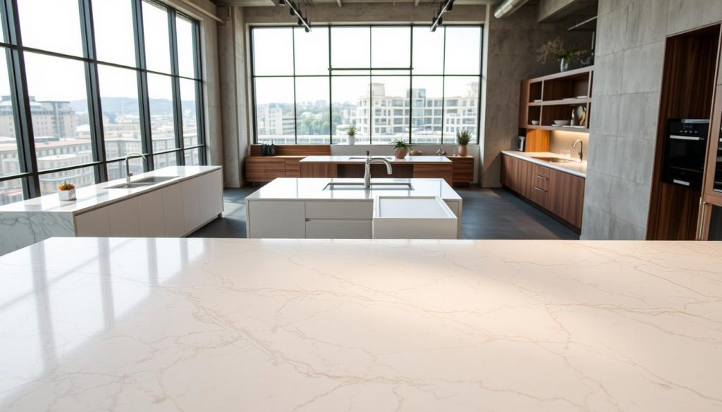 A modern, high-end kitchen showroom in Lyon, France, featuring a selection of premium countertop materials. In the foreground, a large, polished slab of Kitchen Prestige's finest marble dominates the scene, its veined patterns casting a warm, natural glow under the soft, diffused lighting. In the middle ground, various other luxury surfaces are displayed, including sleek, glossy quartz and rich, textured wood. The background showcases the showroom's minimalist, industrial-chic design, with exposed concrete walls and large windows offering a glimpse of the bustling city outside. The overall atmosphere conveys a sense of sophistication, exclusivity, and attention to detail.