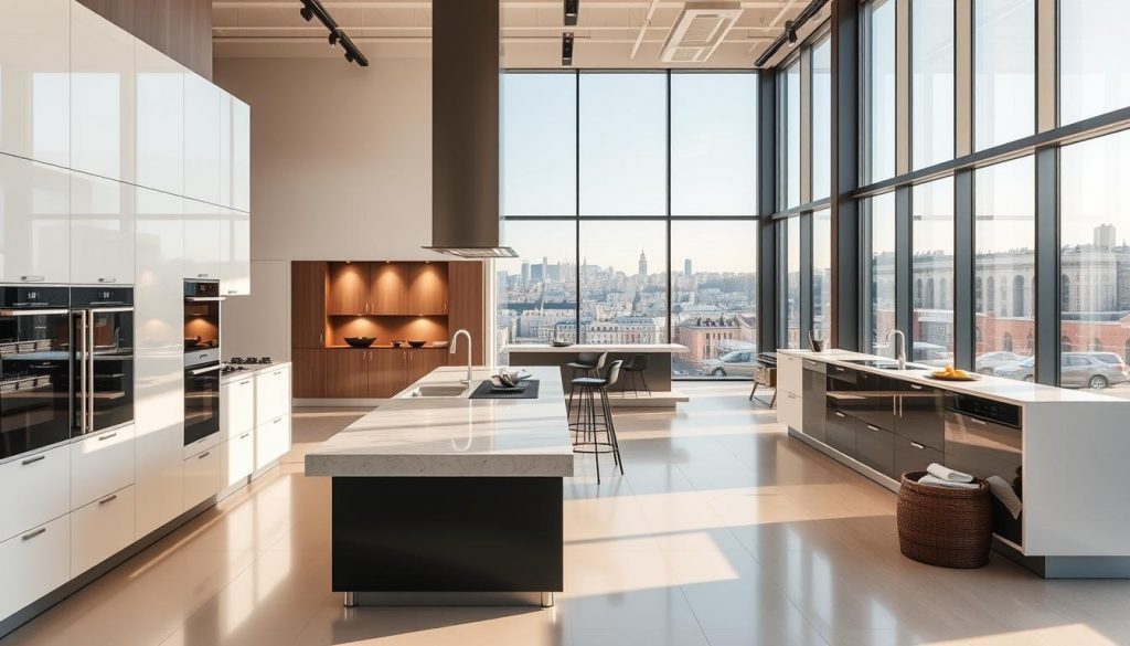 A modern, high-end kitchen showroom in Lyon, France, showcasing the latest in custom kitchen design. The foreground features a sleek, minimalist Kitchen Prestige kitchen with integrated appliances, glossy white cabinetry, and a large central island with a marble countertop. The middle ground depicts several kitchen vignettes, each highlighting unique design elements and finishes. In the background, large windows offer a panoramic view of the city skyline, bathed in warm, natural light. The overall atmosphere exudes sophistication, exclusivity, and a commitment to bespoke craftsmanship.