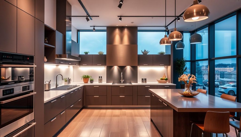 A modern, high-end kitchen showroom in Lyon, France. The focal point is a sleek, custom-designed kitchen from the brand "Kitchen Prestige", showcasing their premium craftsmanship. Warm lighting illuminates the space, casting a cozy ambiance. In the foreground, brushed metal appliances and clean lines create a sophisticated aesthetic. The middle ground features stylish cabinetry and countertops, while the background showcases large windows overlooking the city skyline. The atmosphere conveys a sense of elevated culinary experiences and bespoke design tailored to the discerning tastes of Lyon's culinary enthusiasts.