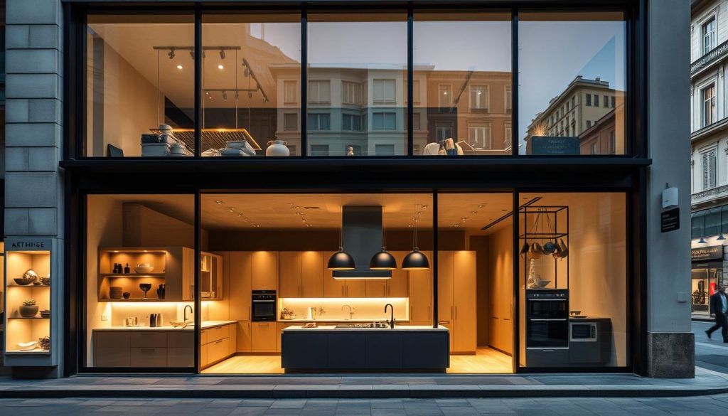 A modern, high-end kitchen showroom in the heart of Lyon, France. The storefront features sleek, minimalist design with large windows showcasing bespoke Kitchen Prestige cabinetry and countertops. Warm lighting accentuates the clean lines and premium materials, creating an inviting atmosphere. In the foreground, a tasteful display of kitchen accessories and appliances. The middle ground highlights various customization options, while the background depicts the vibrant city streets of Lyon, providing context. The overall scene conveys a sense of sophisticated, tailored kitchen design that caters to the discerning tastes of the local clientele.