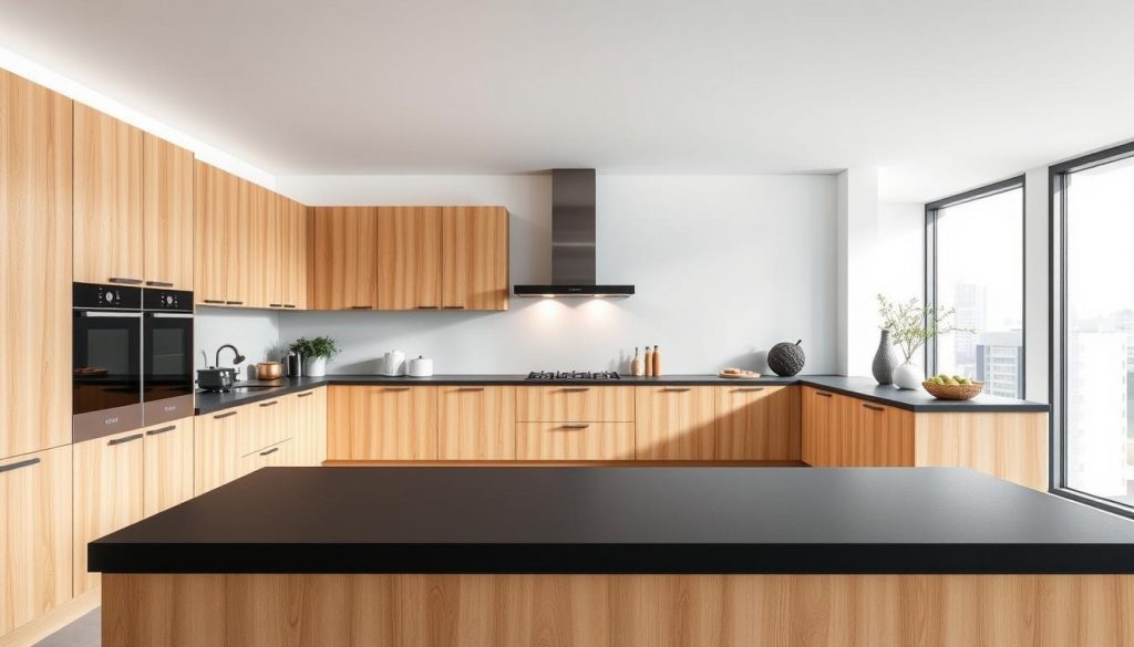 A modern, linear kitchen design in Lyon, France, showcasing the Kitchen Prestige brand. The scene features sleek, handleless cabinets in a warm, natural wood tone, complemented by a matte black countertop. Soft, diffused lighting from above illuminates the space, creating a cozy and inviting atmosphere. The middle ground showcases various kitchen appliances and accessories, while the background depicts a minimalist, white-walled interior with large windows overlooking the city skyline. The composition emphasizes clean lines, balanced symmetry, and a harmonious blend of materials and textures, perfectly suited for a 4-meter linear kitchen layout.