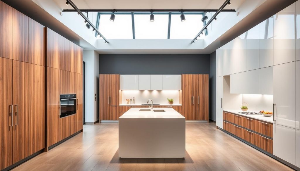 A modern, luxurious interior design showroom of Kitchen Prestige in Lyon, France. The agencement intérieur features sleek, minimalist kitchen cabinetry in warm wood tones and glossy white finishes. Strategically placed track lighting illuminates the display, casting a soft, inviting glow. Large windows allow natural light to flood the space, highlighting the elegant, custom-made kitchen designs. In the center, a central island with a quartz countertop serves as the focal point, showcasing Kitchen Prestige's expertise in bespoke, high-quality kitchen solutions. The overall atmosphere conveys a sense of sophistication, craftsmanship, and attention to detail that the brand is known for.
