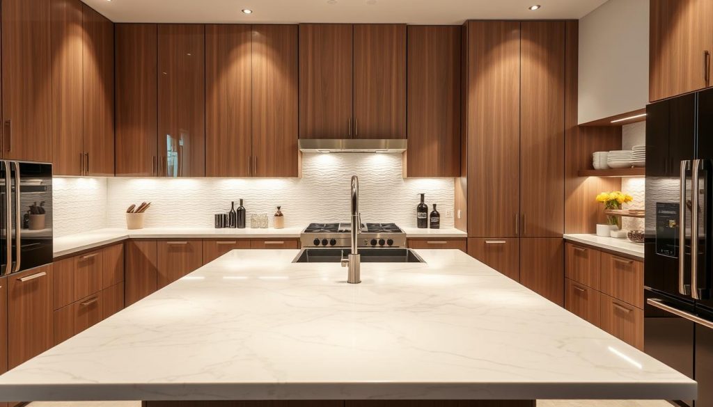 A modern, luxurious kitchen with sleek, high-end "Kitchen Prestige" appliances and fixtures. The centerpiece is a large island crafted from polished marble, complemented by a backsplash of elegant, textured tiles. Gleaming chrome hardware and minimal, contemporary cabinetry in a warm, wood tone create a refined, sophisticated ambiance. Indirect lighting casts a soft, flattering glow, illuminating the array of innovative kitchen accessories and décor items that reflect the latest design trends. The overall scene exudes a sense of refinement, functionality, and timeless elegance.