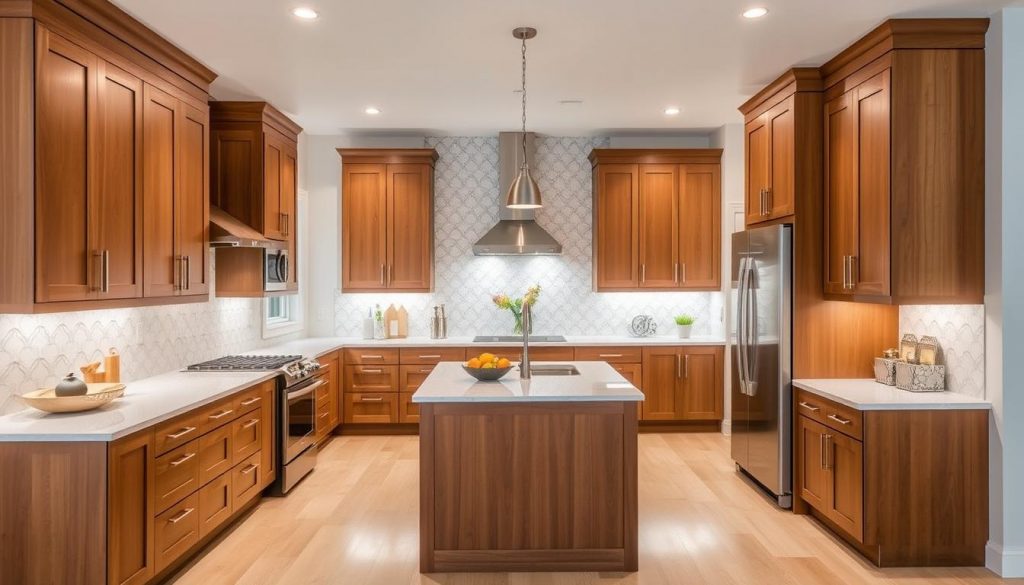 A modern, well-appointed kitchen with a custom layout designed by Kitchen Prestige. Warm wooden cabinetry contrasts sleek stainless steel appliances, creating a cohesive and stylish aesthetic. The center island serves as the heart of the space, offering ample counter space and storage. Soft, even lighting bathes the room, highlighting the intricate tile backsplash and gleaming quartz countertops. An open floor plan seamlessly integrates the kitchen with the adjacent living areas, fostering a sense of connectivity. This bespoke kitchen design reflects the homeowner's unique style and functional needs, resulting in a truly personalized cooking haven.