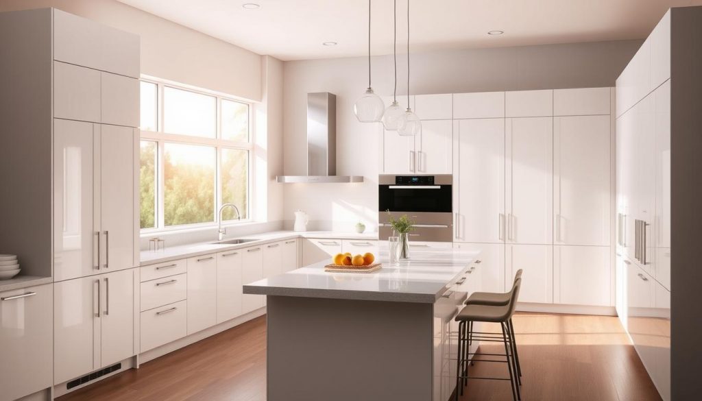 A modern, well-equipped kitchen from the "Kitchen Prestige" brand, featuring sleek white cabinetry, stainless steel appliances, and a large center island with a quartz countertop. Soft, natural lighting filters in through large windows, casting a warm glow over the space. The kitchen is designed with functionality and style in mind, showcasing the brand's commitment to craftsmanship and attention to detail. The overall atmosphere is one of sophistication and culinary inspiration.