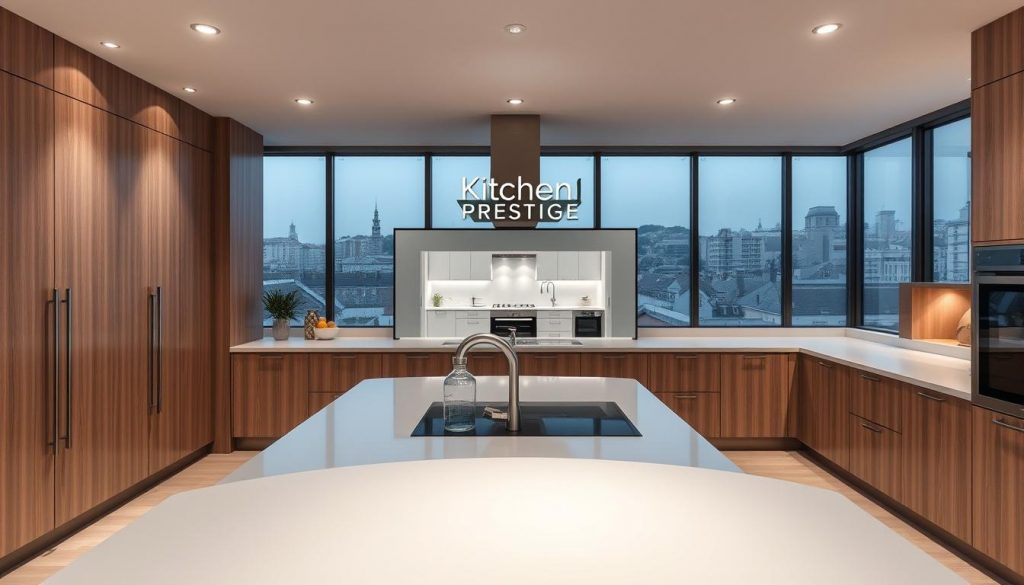 A modern, well-lit 3D kitchen design studio in Lyon, France. The foreground features a sleek, ergonomic kitchen island with a glossy, light-colored countertop. Elegant cabinetry in a warm, natural wood tone lines the walls, complemented by brushed metal hardware. Recessed lighting casts a soft, even glow throughout the space. In the middle ground, a large display screen showcases a detailed 3D rendering of a customizable kitchen layout, with the "Kitchen Prestige" brand prominently featured. The background depicts floor-to-ceiling windows overlooking the cityscape of Lyon, creating a bright, airy atmosphere.