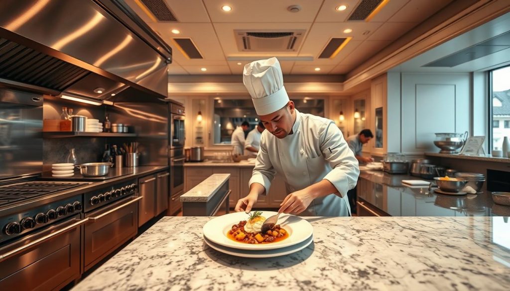 A pristine kitchen interior in a high-end French restaurant, showcasing the luxurious "savoir-faire cuisine" of Kitchen Prestige. Gleaming stainless steel appliances and high-end cabinetry frame an elegant granite countertop. Soft, warm lighting from recessed fixtures casts a golden glow, complementing the rich, hardwood floors. In the foreground, a chef in a crisp, white uniform expertly plates a decadent dish, while the background reveals a meticulously organized kitchen staff hard at work. The overall atmosphere exudes sophistication, attention to detail, and a dedication to culinary excellence.