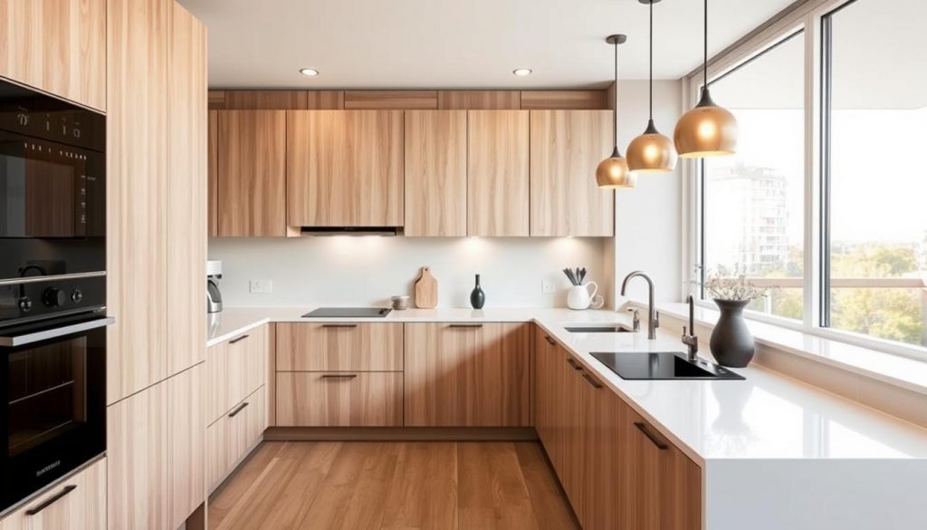 A sleek and sophisticated U-shaped kitchen design in a compact 9m2 space, crafted by the renowned brand Kitchen Prestige. The kitchen features a harmonious blend of light wood cabinetry, matte black hardware, and a stunning white quartz countertop that creates a luxurious yet functional workspace. Warm pendant lighting illuminates the scene, casting a cozy glow over the minimalist layout. Large windows allow natural light to flood the room, enhancing the airy and modern atmosphere. Carefully curated appliances and storage solutions maximize the efficiency of this bespoke kitchen, tailored to the needs of a discerning homeowner in Lyon.
