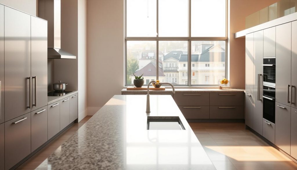 A sleek, contemporary kitchen in Lyon, France, featuring a stunning 300 cm design by Kitchen Prestige. The space is bathed in warm, natural light from large windows, showcasing the clean lines and high-quality materials. In the foreground, a central island with a seamless granite countertop serves as the focal point, complemented by streamlined cabinetry and state-of-the-art appliances. The middle ground features a minimalist dining area, while the background offers a glimpse of the city's charming architecture beyond. The overall atmosphere exudes a sense of sophistication, efficiency, and personalized style, reflecting the advantages of the "cuisine 300 cm à Lyon" concept.