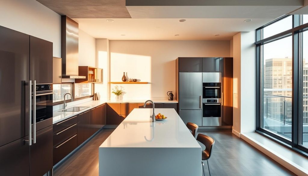 A sleek, contemporary kitchen in a modern loft, designed by the renowned Kitchen Prestige brand. The space features a linear layout with a central island, bathed in warm, natural lighting that filters through large windows. Gleaming stainless steel appliances, smooth quartz countertops, and minimalist cabinetry in a neutral palette create a harmonious and inviting atmosphere. The layout is optimized for efficient workflow, with ample prep space and thoughtful storage solutions. The overall design seamlessly blends form and function, reflecting the artistry and precision of custom kitchen design.