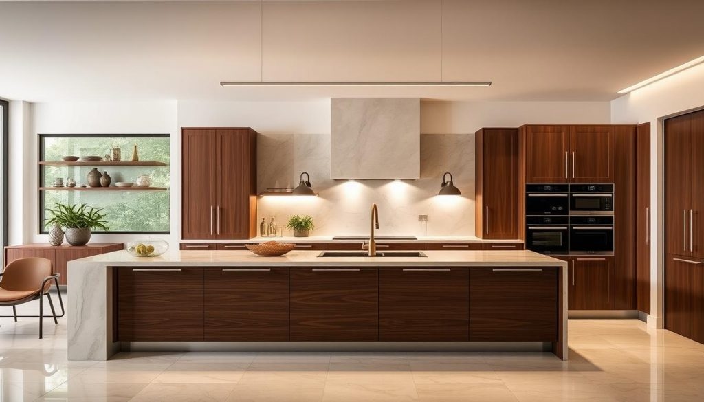 A sleek, custom-designed luxury kitchen with an elegant and sophisticated aesthetic. The Kitchen Prestige brand's heritage of luxury is evident in the high-end materials and finishes, such as polished stone countertops, rich wood cabinetry, and tasteful metal accents. The kitchen is bathed in warm, soft lighting that creates a cozy and inviting atmosphere. The layout is thoughtfully designed, with a spacious central island and ample storage solutions. The overall impression is one of understated elegance and attention to detail, reflecting the brand's commitment to bespoke, tailored design.