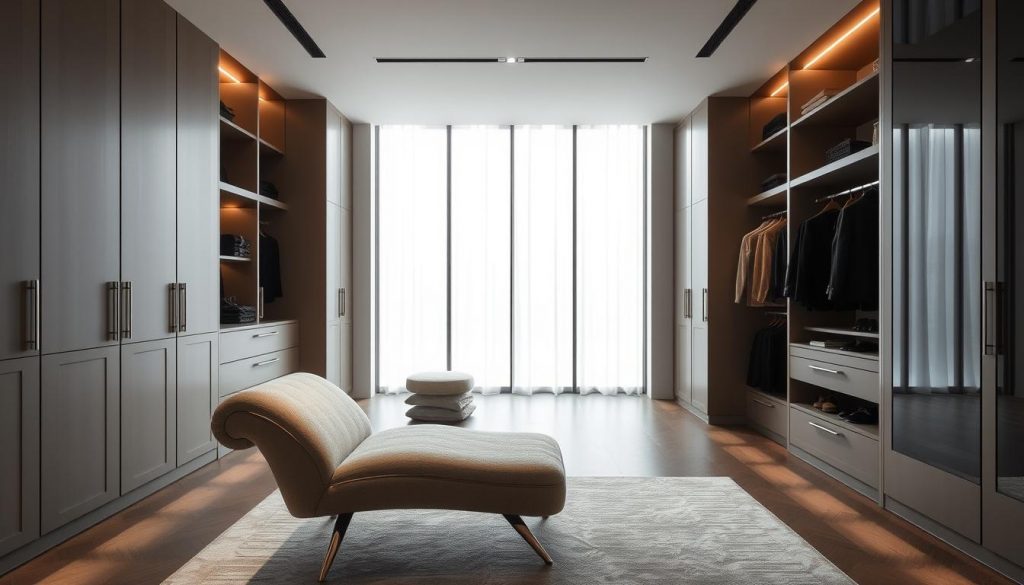 A sleek, modern dressing room designed by Kitchen Prestige in Lyon, France. The space features floor-to-ceiling wardrobes with a mix of open and closed storage, accentuated by warm lighting. The clean, minimalist aesthetic is complemented by a plush, neutral-toned chaise lounge in the foreground, inviting the viewer to imagine themselves in this personalized, tailored haven. The room is bathed in soft, diffused natural light filtering through large windows, creating a serene and welcoming atmosphere. The overall composition emphasizes the precision and custom craftsmanship of this bespoke dressing room solution.