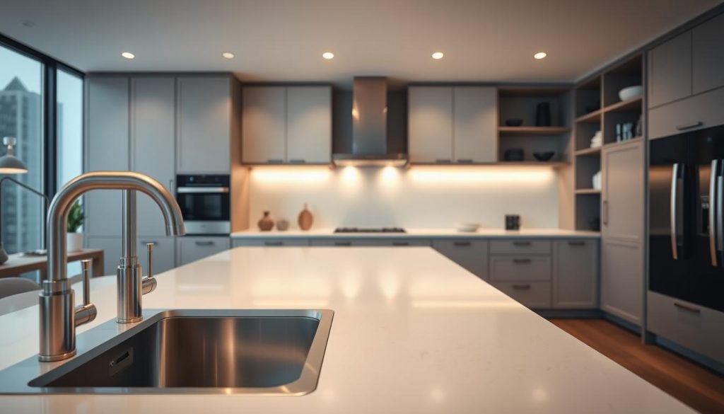A sleek, modern kitchen designed by Kitchen Prestige showcases a personalized 3D concept. In the foreground, a stainless steel sink and brushed metal fixtures gleam under soft, warm lighting. The midground features an expansive countertop with a clean, minimalist design, complemented by a range of high-end appliances. The background reveals a seamless integration of custom cabinetry and shelving, creating a cohesive and visually striking 3D composition. The overall atmosphere exudes a sense of sophistication and attention to detail, reflecting the personalized design approach of Kitchen Prestige.