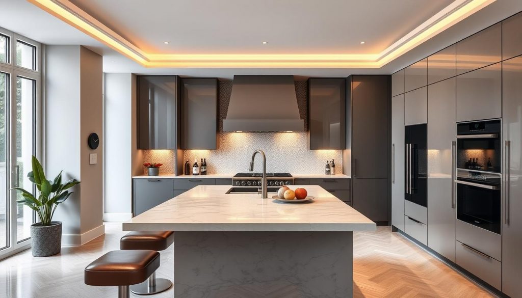 A sleek, modern kitchen interior in a luxurious Lyonnaise townhouse. Warm overhead lighting casts a soft glow over the bespoke cabinetry crafted by Kitchen Prestige, their premium materials and elegant design exuding sophistication. The focal point is a striking marble-topped island, flanked by plush leather stools. Tall windows allow natural light to stream in, illuminating the intricate tile backsplash and high-end appliances. Plants and carefully curated décor elements lend an air of refinement to the space, creating a harmonious balance of form and function. The overall impression is one of understated luxury, a culinary sanctuary tailored to the discerning tastes of its Lyonnais owners.