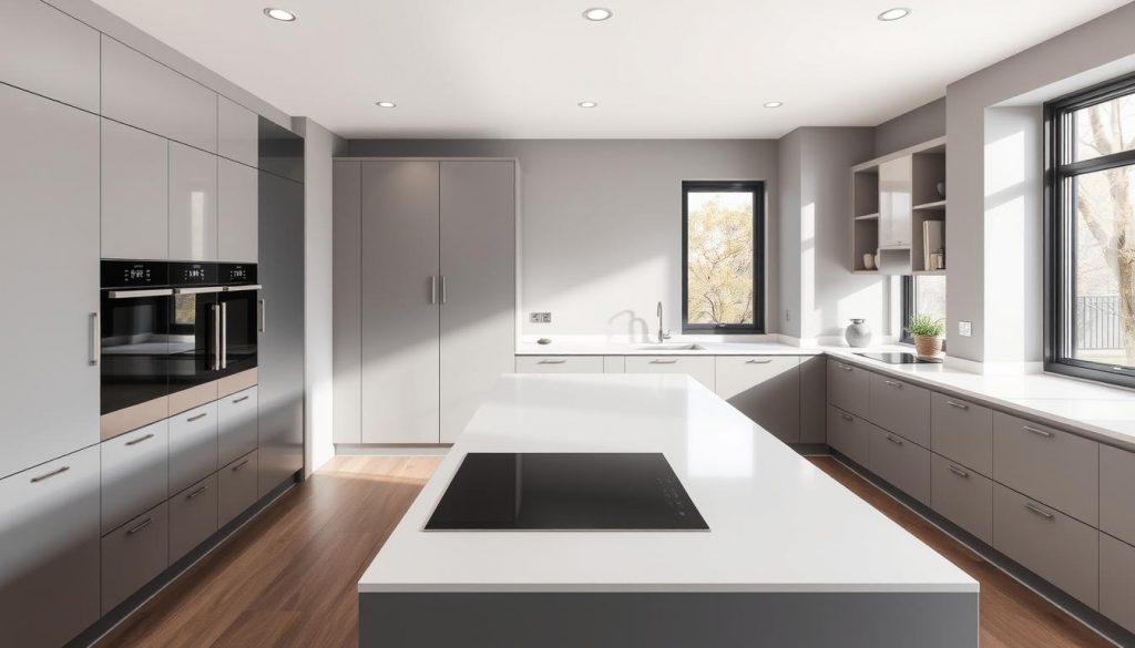 A sleek, modern kitchen interior with custom-designed cabinets, countertops, and appliances from Kitchen Prestige. Soft, natural lighting filters through large windows, creating a warm, inviting atmosphere. The kitchen features a central island with a built-in induction cooktop, surrounded by thoughtfully placed storage and prep areas. Smooth, clean lines and a minimalist color palette of grays and whites create a harmonious and sophisticated ambiance. The space is captured from a slightly elevated angle, showcasing the attention to detail and the seamless integration of form and function in this bespoke kitchen design.