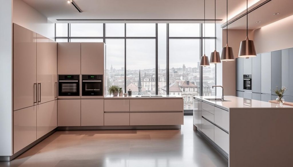 A sleek, modern kitchen showroom in the heart of Lyon, France. In the foreground, a beautifully crafted, custom-designed Kitchen Prestige unit with clean lines, high-end finishes, and integrated appliances. The middle ground features a well-lit, airy space with large windows overlooking the city skyline. The background showcases the city's iconic architecture, with a soft, warm lighting that creates a cozy, inviting atmosphere. The scene conveys a sense of luxury, precision, and attention to detail, reflecting the bespoke nature of the kitchen design.