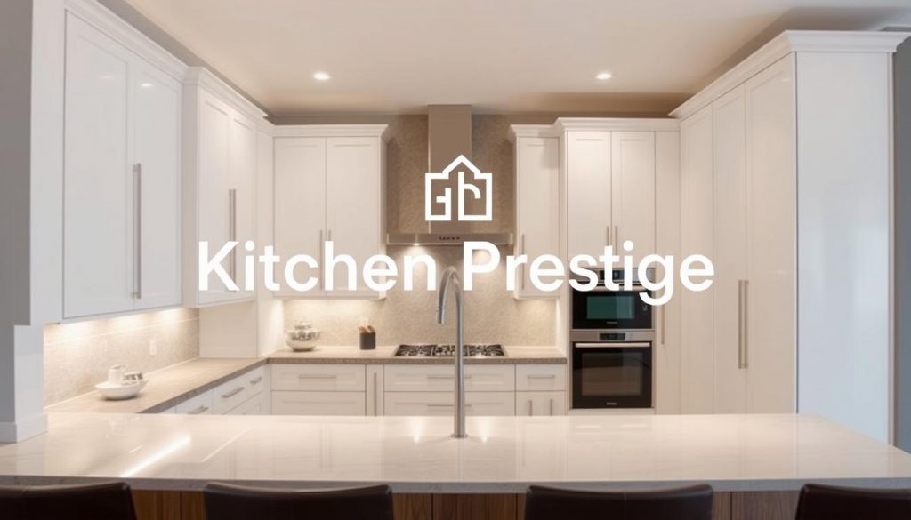 A sleek, modern kitchen with a custom design tailored to the homeowner's preferences. The Kitchen Prestige brand logo is prominently displayed, reflecting the high-end, luxurious nature of the kitchen. The scene features a well-lit, spacious interior with high-end appliances, clean lines, and a sophisticated color palette. The countertops are made of premium materials, and the cabinetry is expertly crafted to maximize storage and functionality. The overall atmosphere conveys a sense of elegance, attention to detail, and the ability to create a truly personalized cooking space.