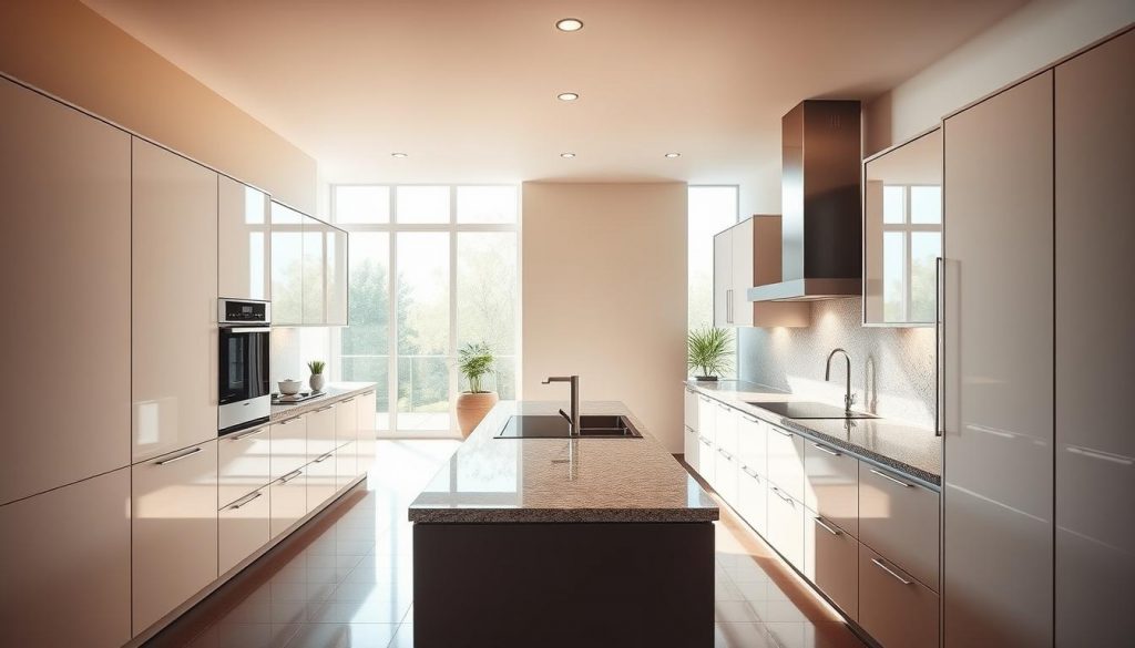 A sleek, modern kitchen with a linear layout, showcasing the "Kitchen Prestige" brand. The room is bathed in warm, natural light filtering through large windows, creating a bright and airy atmosphere. Minimalist cabinets in a neutral palette line the walls, maximizing storage and counter space. Polished, granite countertops gleam, complemented by stainless steel appliances. A central island provides additional prep area and seating, its clean lines echoing the overall design. Strategically placed task lighting and recessed ceiling fixtures illuminate the space, highlighting the kitchen's efficient and well-organized layout. The result is a harmonious, luxurious kitchen that optimizes every square meter, perfectly suited for the discerning homeowner in Lyon.