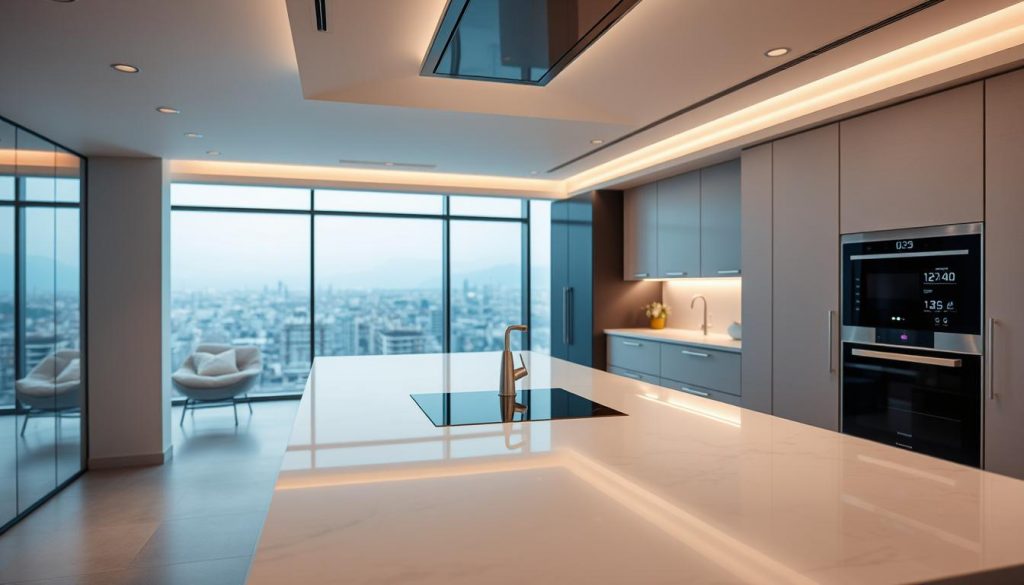 A sleek, modern kitchen with a luxurious, high-end aesthetic. In the foreground, a Kitchen Prestige island unit with a gleaming quartz countertop, seamlessly integrated appliances, and minimalist hardware. Soft, warm lighting from recessed ceiling fixtures casts a cozy glow. In the middle ground, cutting-edge kitchen technologies are on display - a touchscreen control panel, voice-activated smart home features, and high-tech storage solutions. The background features floor-to-ceiling windows, offering panoramic views of the bustling city of Lyon. The overall atmosphere is one of sophistication, innovation, and tailored luxury.