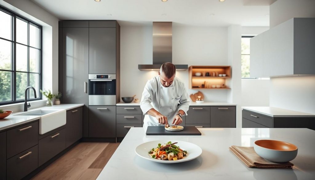 A sleek, modern kitchen with clean lines and a minimalist aesthetic. In the foreground, a chef carefully prepares a personalized dish, their hands moving with precision as they arrange the ingredients. The middle ground features custom cabinetry and countertops from Kitchen Prestige, crafted with high-quality materials and a bespoke design. The background showcases large windows, letting in ample natural light and providing a bright, airy atmosphere. The overall scene conveys a sense of culinary expertise, attention to detail, and the joy of creating a truly personalized cooking experience.