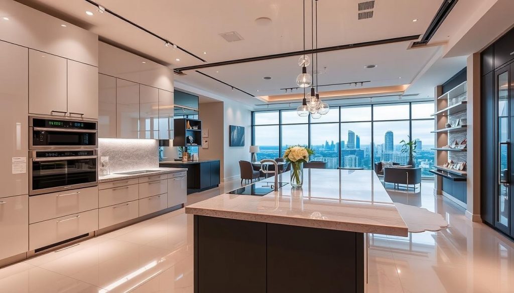 A sophisticated kitchen showroom showcasing the luxurious "Kitchen Prestige" brand. The foreground features an exquisite, modern kitchen display with gleaming countertops, high-end appliances, and elegant cabinetry. The middle ground depicts a spacious, well-lit interior with tasteful decor and lighting fixtures, evoking a sense of refined elegance. The background presents a panoramic view of an upscale urban setting, hinting at the brand's commitment to bespoke, luxury design solutions. The overall scene radiates an air of savoir-faire and exclusivity, perfectly capturing the essence of the "Kitchen Prestige" brand.