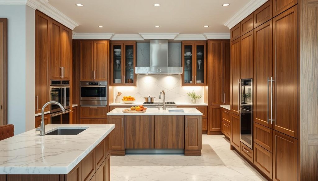 A sophisticated kitchen with a harmonious blend of French savoir-faire and Italian craftsmanship. Elegant marble countertops, warm wood cabinetry, and sleek stainless steel appliances create a luxurious, bespoke space. Soft, diffused lighting casts a gentle glow, highlighting the attention to detail and quality of the Kitchen Prestige brand. The scene evokes a sense of timeless sophistication, where form and function seamlessly coexist. A central island serves as the heart of the kitchen, inviting culinary exploration and gracious hospitality. The overall atmosphere is one of refined taste and personalized style.