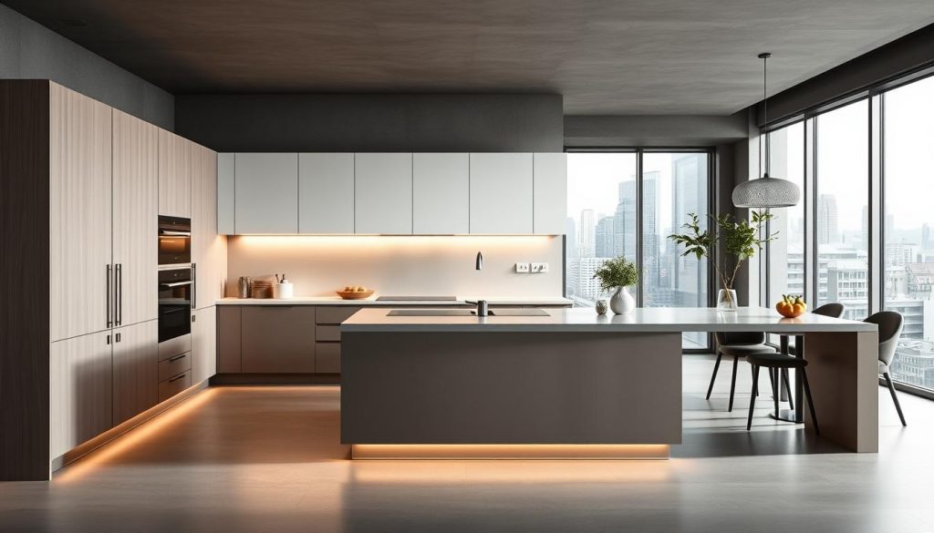 A stunning, contemporary kitchen designed by Kitchen Prestige, showcasing a sleek, minimalist aesthetic in a chic, urban Lyon setting. The kitchen features clean lines, high-end Italian-inspired cabinetry, and a large, central island with a seamless, integrated worktop. Warm, indirect lighting casts a soft glow, highlighting the kitchen's meticulous craftsmanship and attention to detail. The space is bathed in natural light, with large windows framing the vibrant city skyline in the background. Elegant, understated decor and a sophisticated color palette of greys, whites, and warm wood tones create a harmonious, welcoming atmosphere, perfect for both everyday cooking and elegant entertaining.