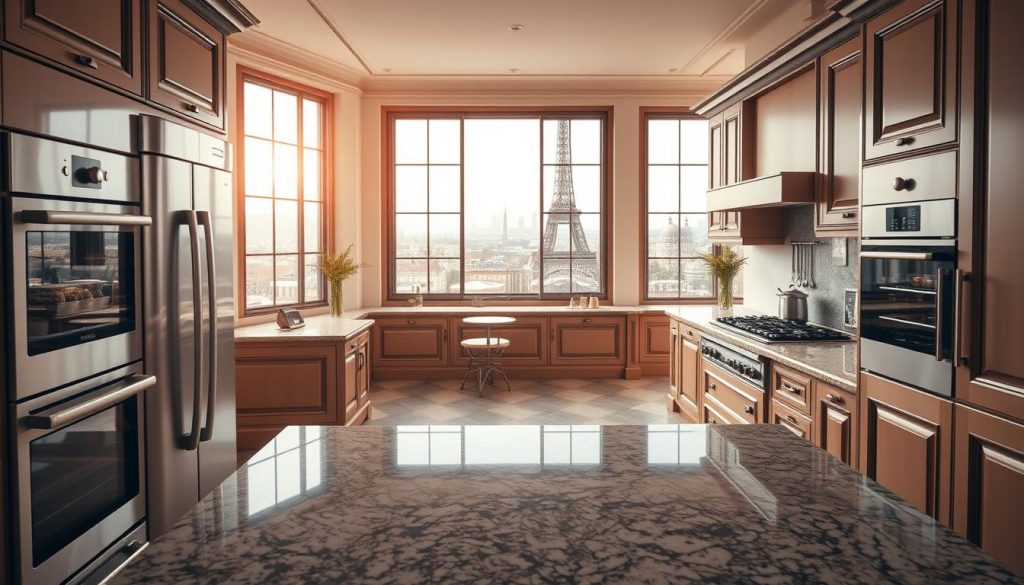 A stylish French kitchen design by the prestigious brand Kitchen Prestige. The foreground showcases gleaming stainless steel appliances, elegant cabinetry with intricate wood detailing, and a sleek granite countertop. The middle ground features a spacious, open-concept layout with abundant natural light streaming in through large windows. The background depicts a Parisian cityscape with iconic landmarks, infusing the scene with a sophisticated, cosmopolitan ambiance. The lighting is soft and warm, creating a cozy, inviting atmosphere. The composition emphasizes the harmonious blend of modern functionality and timeless French savoir-faire.