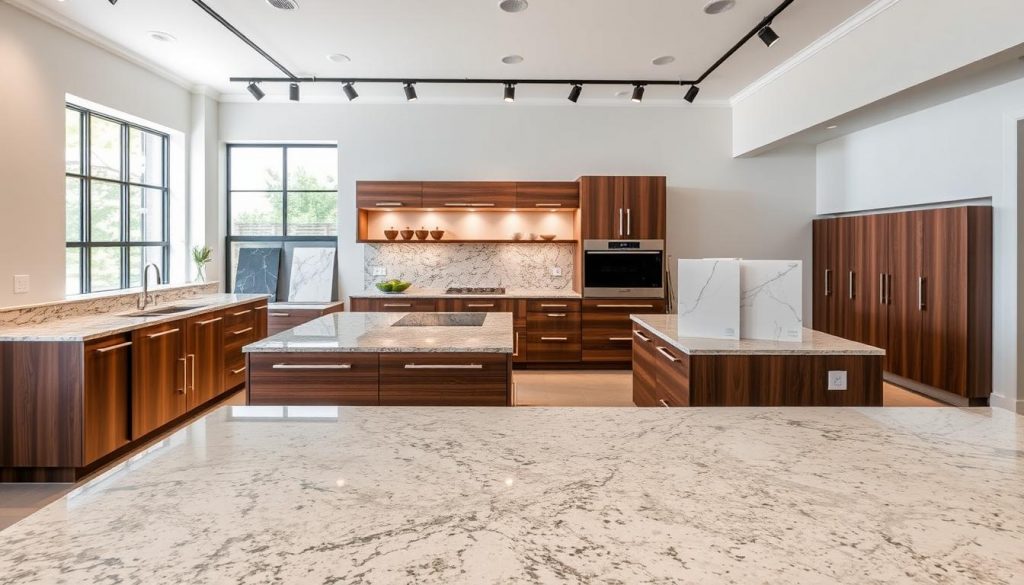 A stylish and modern kitchen display, featuring the high-quality materials and craftsmanship of Kitchen Prestige. In the foreground, sleek cabinetry in a rich, dark wood tone with brushed metal hardware gleams under warm, directional lighting. The middle ground showcases a variety of premium countertop samples, including polished granite, marbled quartz, and sleek solid surfaces. In the background, a clean, minimalist setting with white walls and a large window allows the materials to take center stage, creating an atmosphere of sophistication and attention to detail.