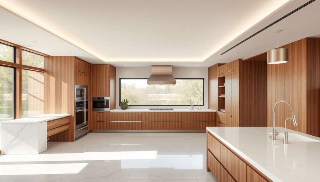 Elegant contemporary kitchen with sleek, minimalist design. Seamless integration of high-end Kitchen Prestige appliances in a bespoke layout. Warm wood tones and clean white surfaces create a luxurious, harmonious atmosphere. Large windows flood the space with natural light, casting a soft, even glow. High-end materials like marble and brushed metal accents add a touch of sophistication. Carefully curated lighting fixtures provide both functional and decorative illumination. The kitchen is precisely tailored to the homeowner's unique needs and preferences, embodying the pinnacle of custom design.