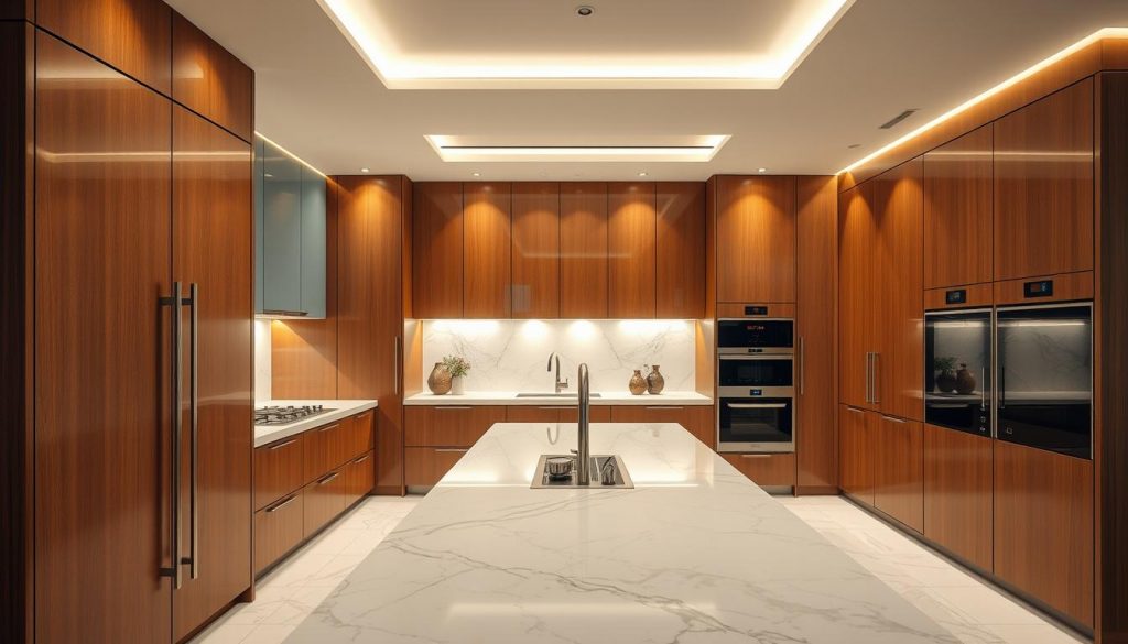 High-end kitchen design concept, showcasing the excellence of Kitchen Prestige. A modern, luxurious kitchen interior with sleek, handcrafted cabinetry in rich, warm tones. Elegant marble countertops and backsplash, complemented by a sophisticated lighting scheme casting a soft, ambient glow. Minimalist, yet highly functional appliances seamlessly integrated into the design. The kitchen's layout emphasizes efficiency and visual harmony, creating a harmonious and inviting atmosphere. Captured through a wide-angle lens, highlighting the kitchen's spaciousness and attention to detail. Conveying a sense of timeless sophistication and personalized luxury.