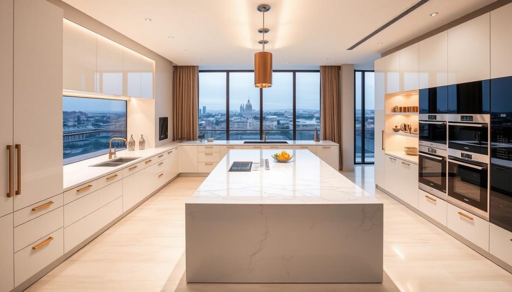 Luxurious custom-designed kitchen in Lyon, France, created by the renowned brand Kitchen Prestige. A large central island with a marble countertop serves as the focal point, surrounded by high-end appliances and cabinetry in a sleek, contemporary style. Warm lighting casts a soft glow, highlighting the elegant brass hardware and minimalist design. The spacious layout allows for ample preparation and entertaining areas, while floor-to-ceiling windows provide a panoramic view of the city skyline. Attention to detail is evident in the seamless integration of functionality and aesthetic appeal, delivering a truly bespoke culinary experience.