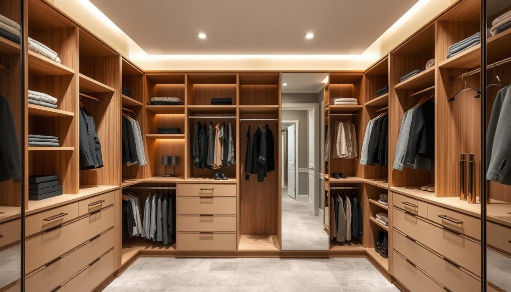 Luxurious custom-designed walk-in closet in a contemporary Lyonnais style, showcasing the premium craftsmanship of Kitchen Prestige. A sleek, minimalist aesthetic with clean lines and warm wooden accents. Ample shelving, drawers, and hanging space expertly arranged to maximize storage and organization. Soft, even lighting from recessed fixtures creates a serene, high-end ambiance. Elegant, full-length mirrors reflect the well-appointed interior, giving an air of sophistication. Subtle touches of metallic hardware and accent pieces add a touch of glamour. The dressing room exudes an aura of exclusivity and refined taste, befitting the luxurious "Kitchen Prestige" brand.