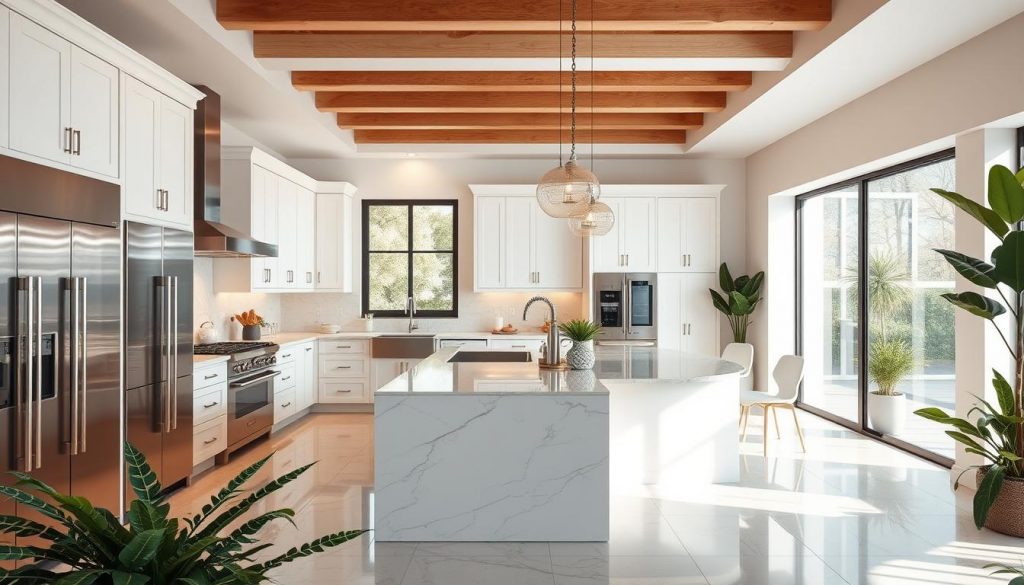 Luxurious custom-made kitchen design by Kitchen Prestige. A spacious and elegant open-plan kitchen with gleaming stainless steel appliances, sleek white cabinetry, and a large central island with a marble countertop. Warm lighting from overhead pendants casts a soft glow, while large windows flood the space with natural light. The kitchen features high-end finishes, premium materials, and meticulous attention to detail, creating a refined and sophisticated culinary haven. Lush greenery and potted plants add pops of natural color, complementing the minimalist aesthetic. This bespoke kitchen design embodies the epitome of luxury and personalization.