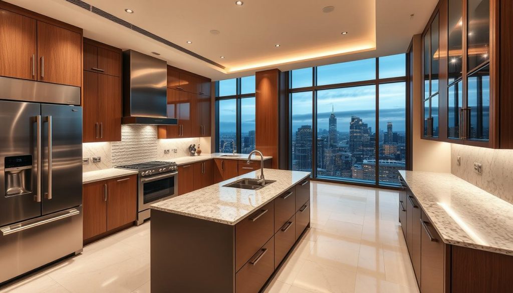 Prompt A luxurious, custom-designed kitchen by Kitchen Prestige, showcasing a sleek and modern aesthetic. The kitchen features high-end stainless steel appliances, a spacious island with a polished granite countertop, and an abundance of custom cabinetry with soft-close doors. Warm, directional lighting from recessed fixtures casts a cozy glow, while large windows overlooking a picturesque city skyline allow natural light to flood the space. The kitchen's layout is expertly tailored to the room's dimensions, with a seamless flow between the different work zones. An overall sense of elegance and sophistication permeates the scene, reflecting the attention to detail and craftsmanship of the Kitchen Prestige brand.